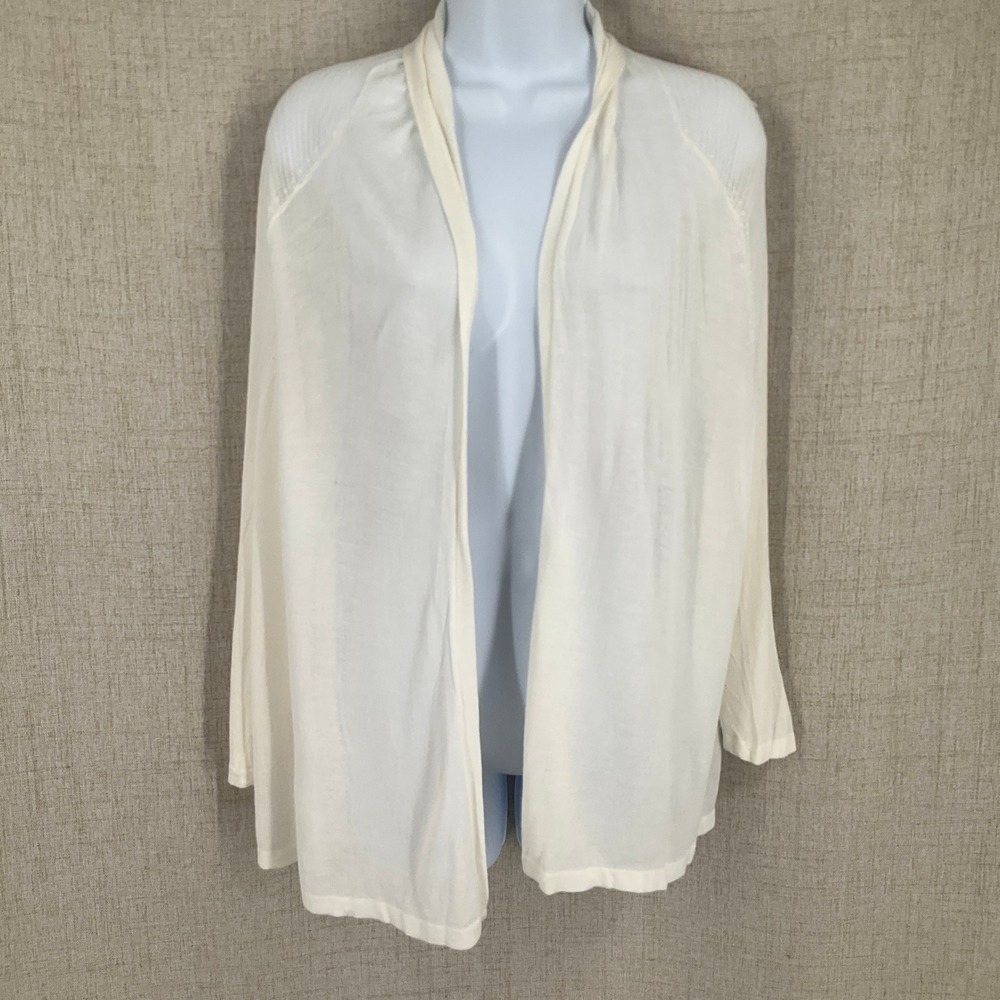 Dana Buchman Cardigan Womens XL White Ribbed Yoke Cropped Open Front Airy NEW